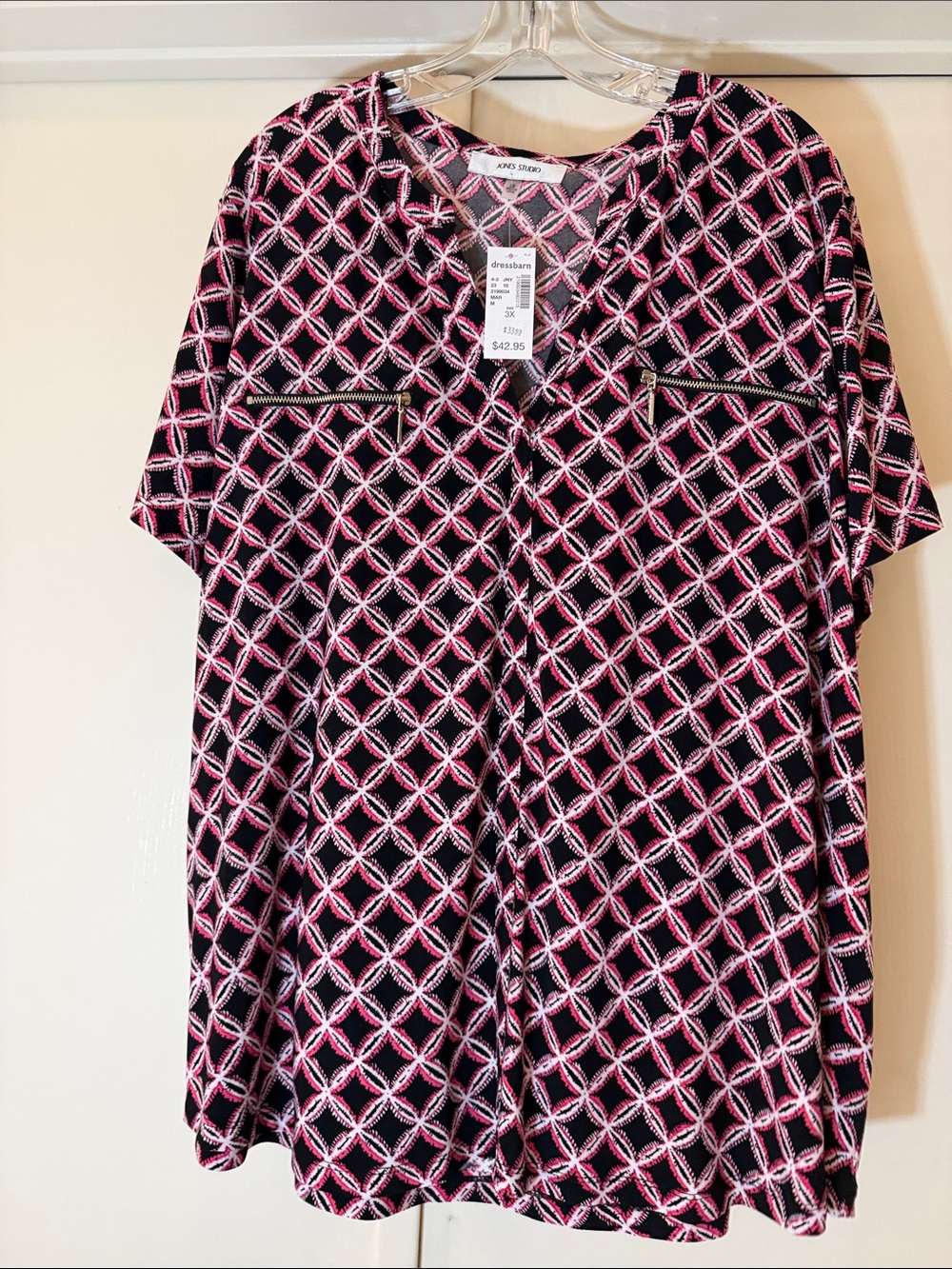 Jones Studio Black and Pink Geometric blouse with accent zippers from DressBarn